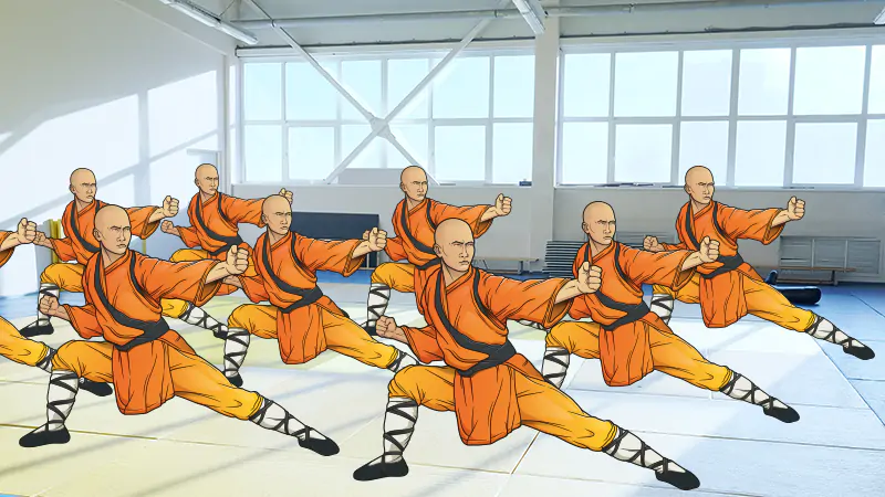 Shaolin Kung Fu-Gruppe trainiert synchron